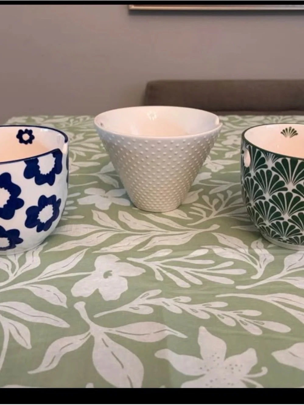 Set of 3 Ceramic Ramen Bowls - Blue Floral, White Textured, Green Pattern